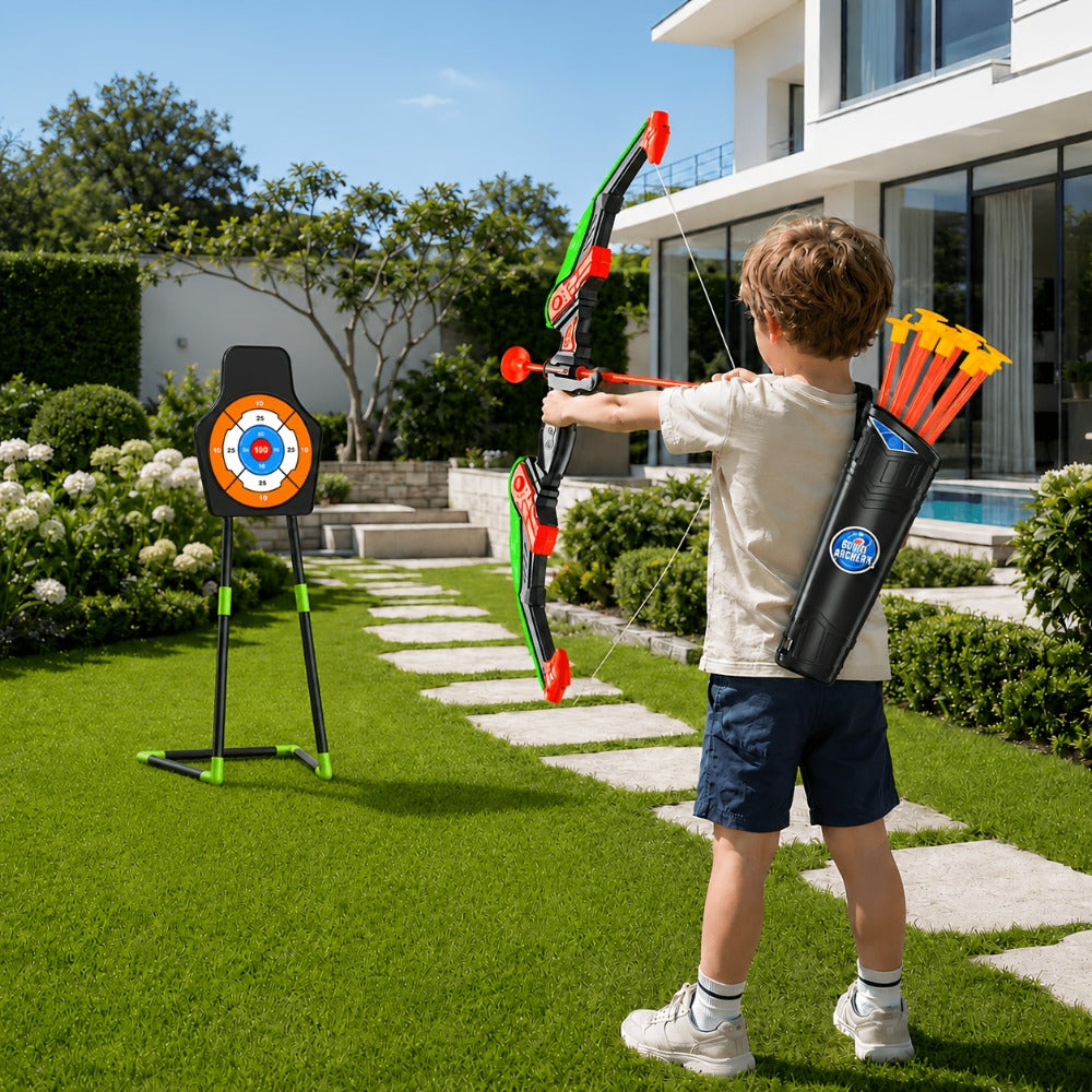 Kids Bow and Arrow Archery Set 10 Suction Cup Arrows Quiver Standing Target Safe Outdoor Toy Boys Girls Ages 3+ Birthday Christmas Holiday Gift Young Archers Green
