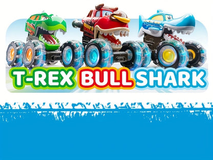 Monster Truck Toys for Toddlers 3-Pack LED Light Up Wheels Press & Go Animal Trucks Shark Bull Dinosaur – Glow Push Car Toy for Kids Ages 1-5 Birthday Easter Christmas Gift Boys Girls