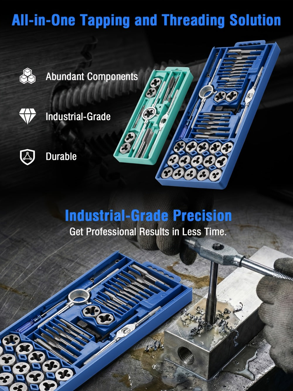 Tap and Die Set Metric – 12-Piece & 40-Piece M3-M12 Thread Plug Straight Taper with Pitch Calipers & Wrench, Internal & External Threading Tool Kit for Metal, DIY & Home Repair
