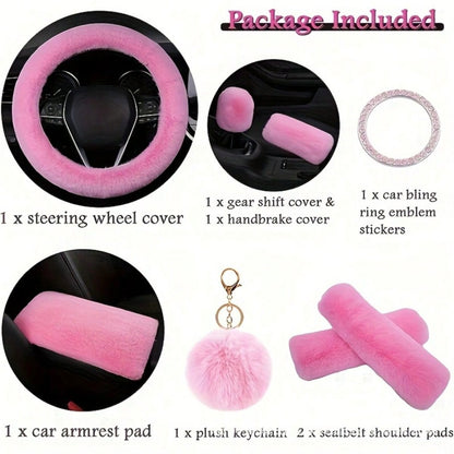 Plush Fluffy Steering Wheel Cover – Rex Rabbit Fur Texture, Universal Fit, 12 Colors (Black, Pink, Purple, Red & More), Soft Car Interior Accessory for Women