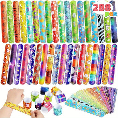 288 Pcs Slap Bracelets Party Favors Bulk Set – 36 Colorful Designs for Kids, Classroom Prizes, Goodie Bags, Easter Halloween Valentine Birthday Party Supplies