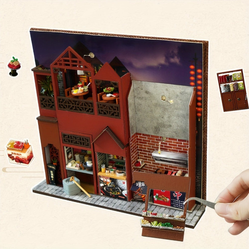 Book Nook Kit Chinese Food Street Miniature Dollhouse 3D Wooden Puzzle Bookshelf Insert DIY Model Building Set for Adults Teens – No Glue Needed Birthday Christmas Housewarming Gift
