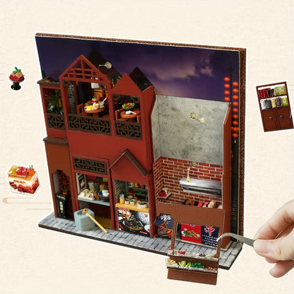 Book Nook Kit Chinese Food Street Miniature Dollhouse 3D Wooden Puzzle Bookshelf Insert DIY Model Building Set for Adults Teens – No Glue Needed Birthday Christmas Housewarming Gift
