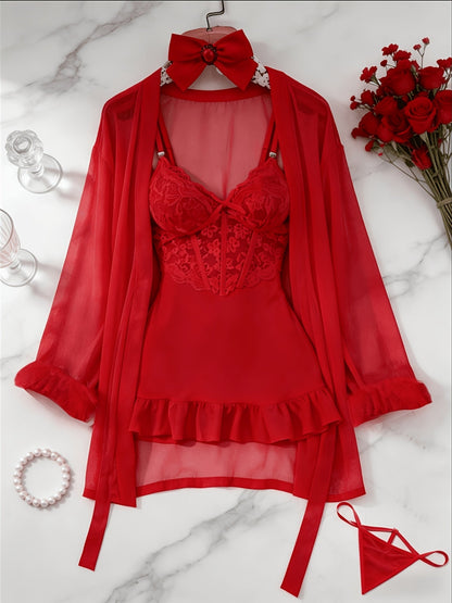 Women's 3-Piece Sheer Lace Babydoll Set - Robe and Panty