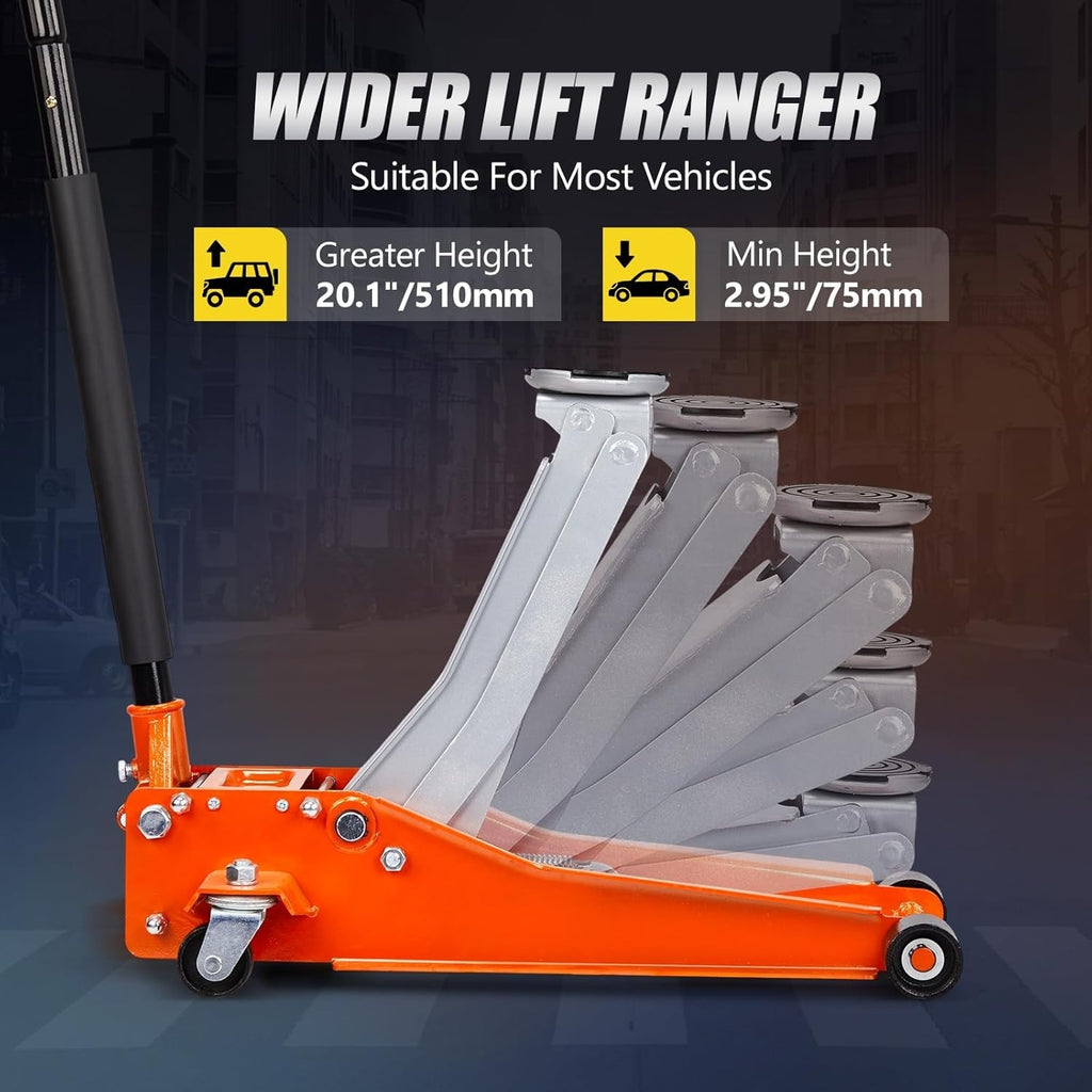 Low Profile Floor Jack, Heavy Duty Jack with Dual Pistons Quick Lift Pump for Cars & SUVs, Lifting Range 2-19/20" to 20-1/10", Orange