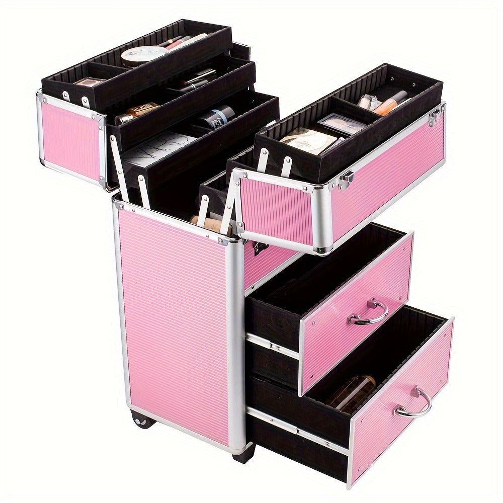 Lockable Aluminum Makeup Train Case with Extendable Trays Multi-Tier Professional Cosmetic Organizer — Portable Salon Travel Beauty Case with Lock Pink Rose Gold