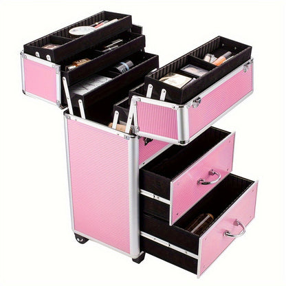 Lockable Aluminum Makeup Train Case with Extendable Trays Multi-Tier Professional Cosmetic Organizer — Portable Salon Travel Beauty Case with Lock Pink Rose Gold