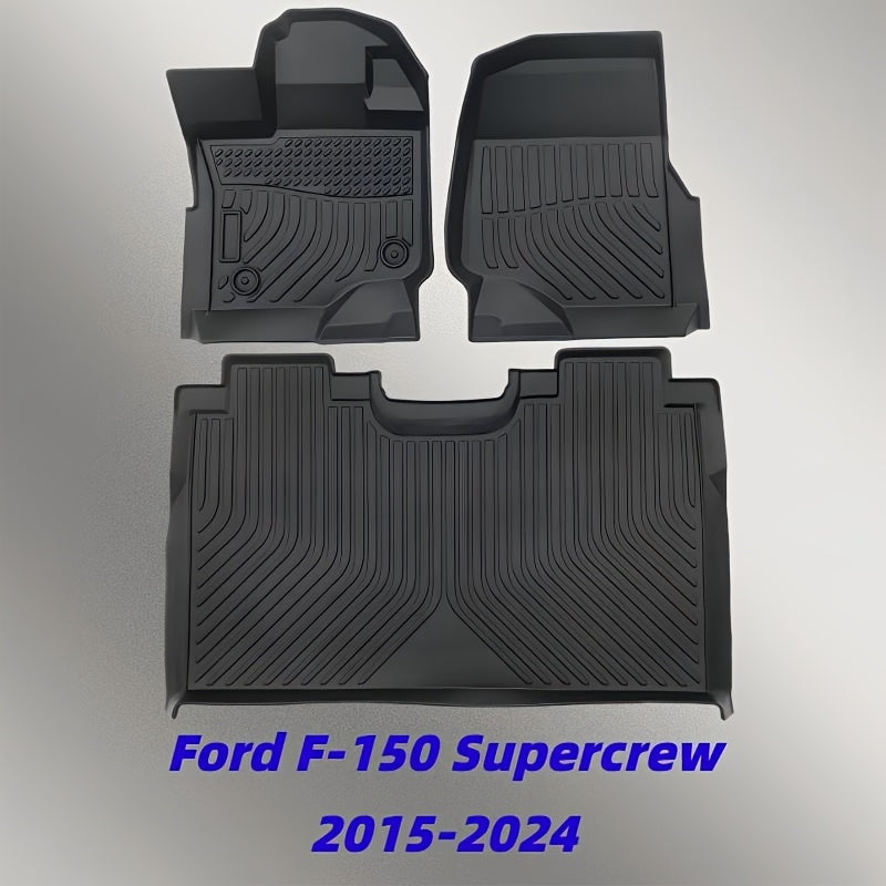 3pcs Heavy Duty TPE Floor Mats for Ford F-150 Supercrew Cab 2015-2024, All-Weather Black Car Liners, Waterproof Non-Slip Auto Additions