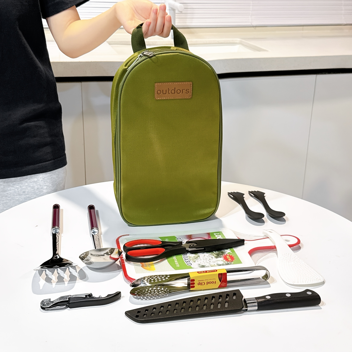 Portable Camp Kitchen Cooking Utensil Set with Water-Resistant Travel Organizer Case – Compact Grill Accessories Kit for Backpacking, BBQ, Camping & Hiking | Black