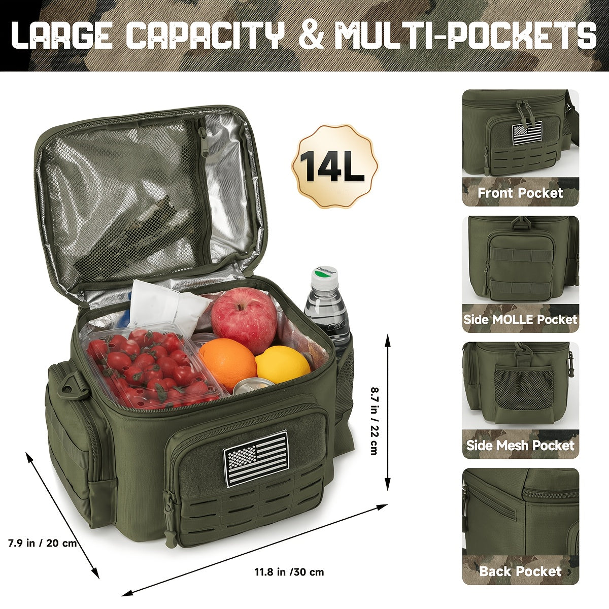 Tactical Insulated Cooler Lunch Box with MOLLE Webbing – Expandable & Leakproof, 3.7 Gal or 18L, for Hunting, Camping, Work & Outdoor Picnics – Black, Green or Khaki