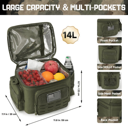 Tactical Insulated Cooler Lunch Box with MOLLE Webbing – Expandable & Leakproof, 3.7 Gal or 18L, for Hunting, Camping, Work & Outdoor Picnics – Black, Green or Khaki