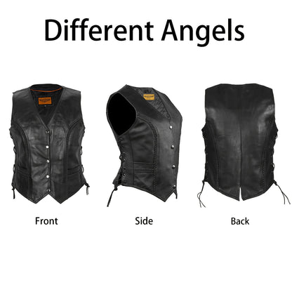 Women'S Black Concealed Carry Pockets Leather Motorcycle Vest, with Lace-Up Side Detailing And Adjustable Straps, Edgy Biker Look | Metal Eyelet Accents | Motorcycle Vest