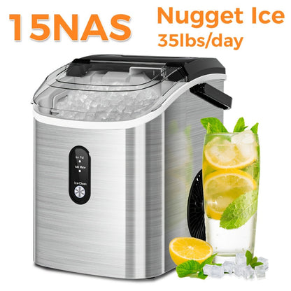 Stainless Steel Ice Maker Countertop – 35 Lbs Soft Chewable Nugget Ice or 26 Lbs Bullet Ice, Pebble Portable Ice Machine for Home, Kitchen, Office, Party, RV & Camping