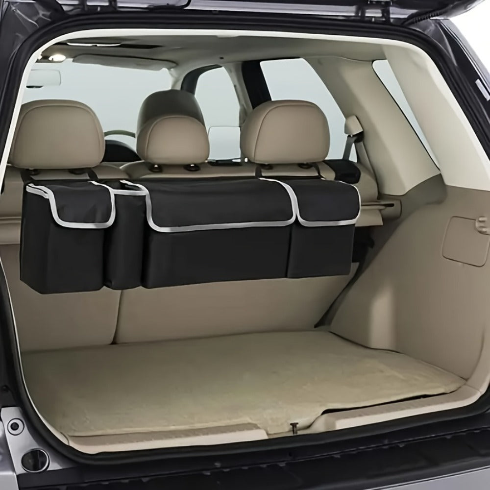 Car Trunk Organizer Rear Seat Hanging Storage Bag – Foldable Cargo Bag with 4 Pockets for SUV, Truck & MPV Back Seat Organization