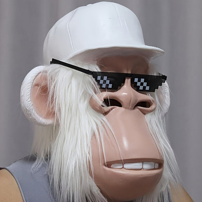 Gorilla Monkey Plush Full Head Mask with White Hair Glasses Hat – Funny Cartoon Animal Costume for Adults Halloween Parties Cosplay Role Play Prank Gift White Gorilla Chimpanzee