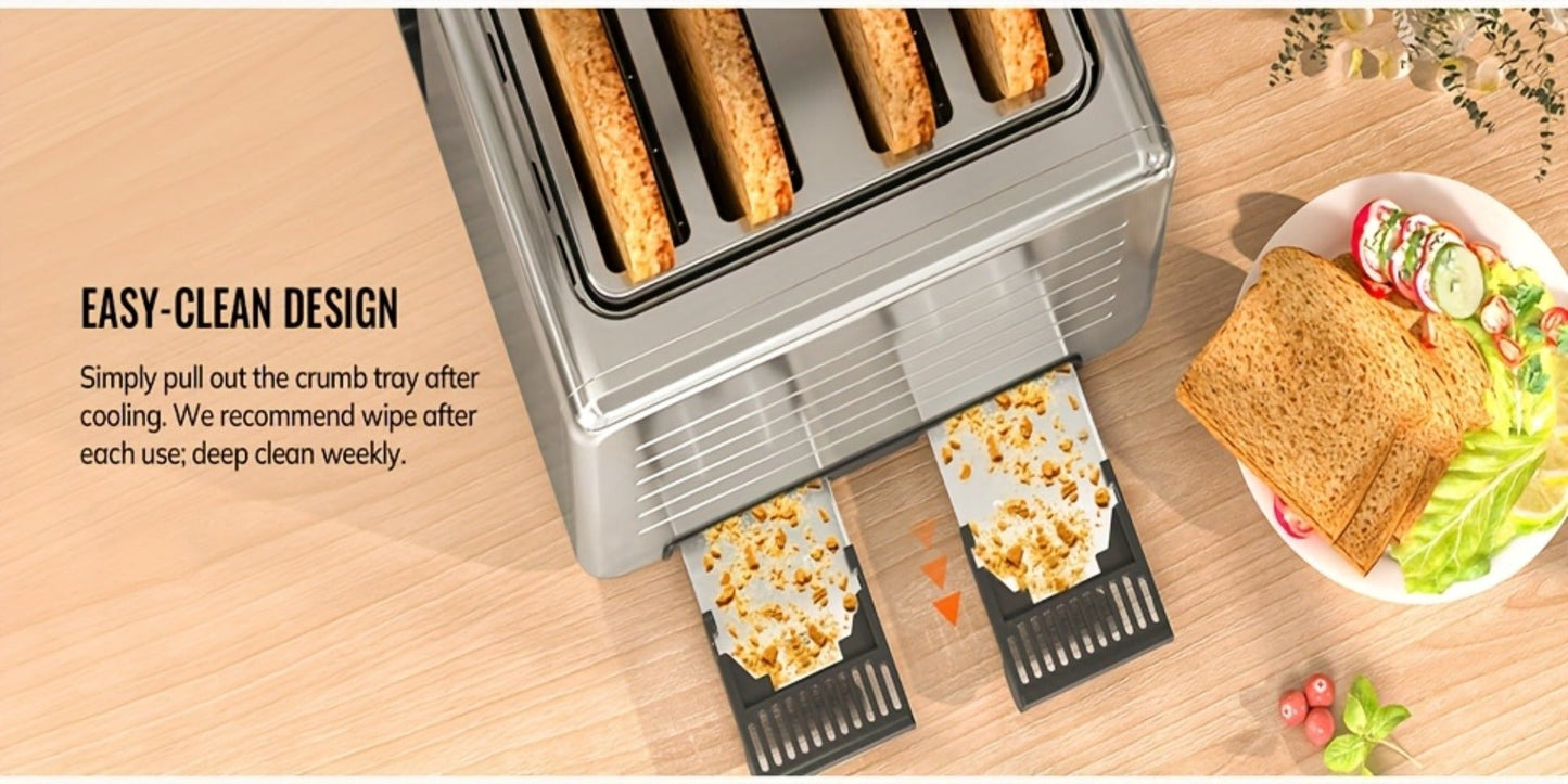 4-Slice Digital Smart Toaster with Touchscreen | Dual Control Panel, Single Slot Toasting, Timer, Reheat & Defrost Functions for Bagels, Bread & Waffles – Stainless Steel Kitchen Essential