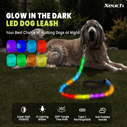 LED Dog Leash 4FT Light Up with 13 Lighting Modes & Tangle-Free Hook, Rechargeable Glow in the Dark Night Walking Leash for Small Medium Large Dogs, USB Rechargeable Pet Safety Leash