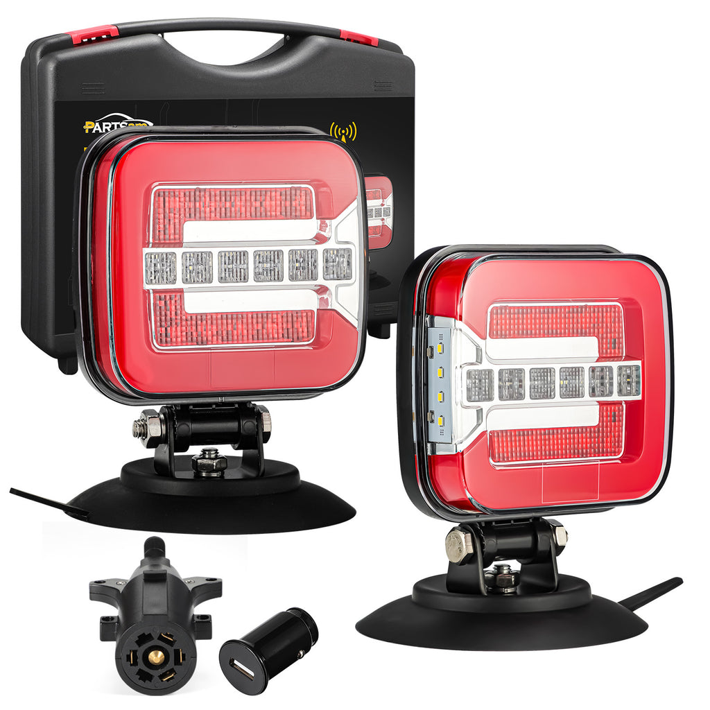 Partsam Wireless LED Trailer Light Kit, Square Portable Magnetic Stop Turn Reverse License Towing Tail Lights with Metal Bracket 7-Pin Plug for Trucks Trailers 12-24V