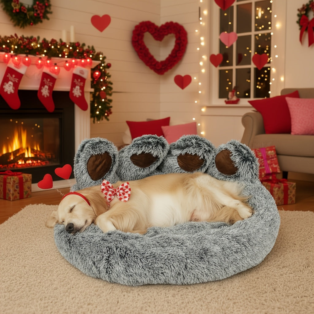 Dog Bed Cat Bed Bear Paw Shaped Donut – Calming Round Plush Pet Mattress, Warm & Soft Cuddler Bed for Dogs and Cats, Includes Pet Scarf, Sizes S to 2XL, Colors: Coffee, Pink, Grey, Brown
