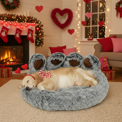Dog Bed Cat Bed Bear Paw Shaped Donut – Calming Round Plush Pet Mattress, Warm & Soft Cuddler Bed for Dogs and Cats, Includes Pet Scarf, Sizes S to 2XL, Colors: Coffee, Pink, Grey, Brown