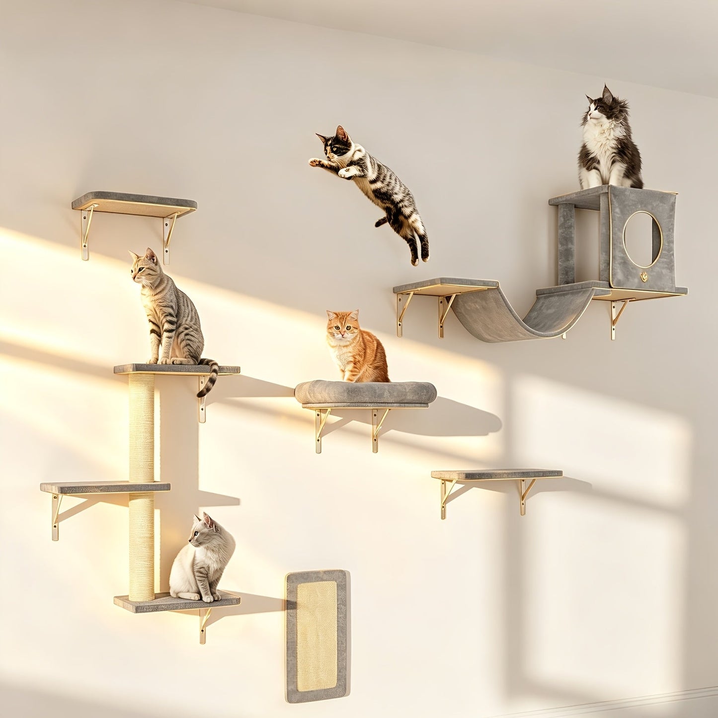 Cat Wall Shelf Climbing Set – 7-Piece Deluxe Wall Mounted Cat Furniture with Condo, Scratching Post, Bridge, Ladder & Tunnel for All Cat Sizes