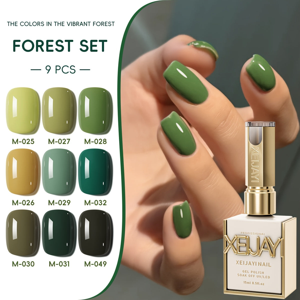 Green Forest Gel Nail Polish Set 9 Colors Photo Frame Bottle — Semi-Permanent UV LED Soak Off 0.51oz High Pigmentation Mint Sage Olive Emerald Long Lasting DIY Home Salon Nail Art Gift Women