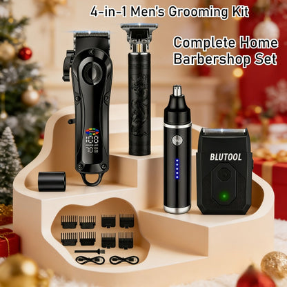 Hair Clipper & Trimmer Set 4-Piece for Men — Professional Barber Kit with Nose Trimmer, Detail Trimmer, Guide Comb, LED Display & USB Rechargeable, Home & Travel Grooming Gift