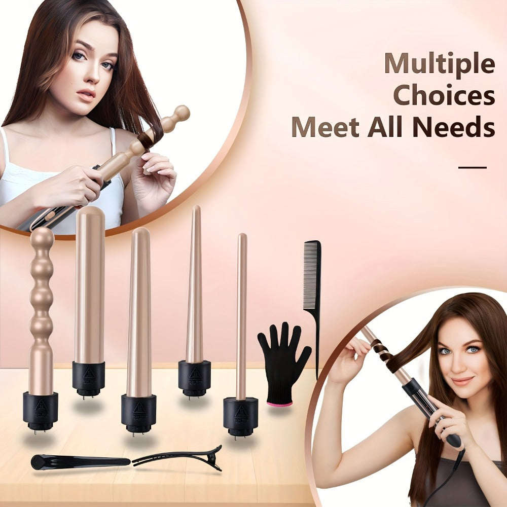 5-in-1 Curling Wand Set Ceramic Interchangeable Barrels 0.4-1.25 Inch - 30s Fast Heat Dual Voltage Auto Shut-Off Hair Curler Iron with Heat Glove for Women Long Short Hair
