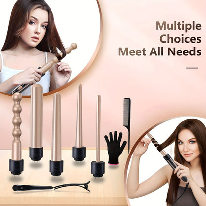 5-in-1 Curling Wand Set Ceramic Interchangeable Barrels 0.4-1.25 Inch - 30s Fast Heat Dual Voltage Auto Shut-Off Hair Curler Iron with Heat Glove for Women Long Short Hair