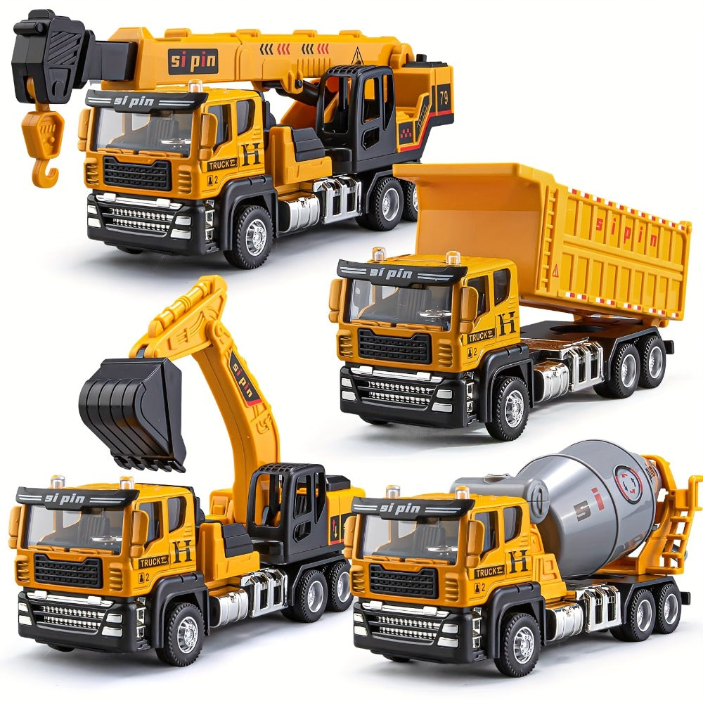 Die-Cast Construction Vehicle Toy Set – Mini Alloy Excavator, Dump Truck, Cement Mixer & Crane Trucks for Toddlers Boys Ages 3+, No Battery Needed, Birthday Christmas Gift