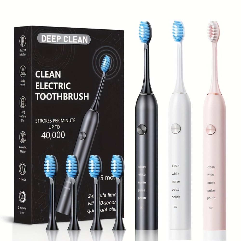 Sonic Electric Toothbrush – 5 Vibration Modes, Soft Bristle, Type-C Fast Charging, Waterproof, Deep Clean & Teeth Whitening Rechargeable Power Toothbrush for Men & Women, 4 or 8 Brush Heads