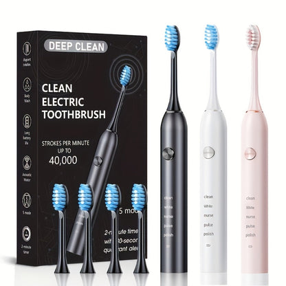 Sonic Electric Toothbrush – 5 Vibration Modes, Soft Bristle, Type-C Fast Charging, Waterproof, Deep Clean & Teeth Whitening Rechargeable Power Toothbrush for Men & Women, 4 or 8 Brush Heads
