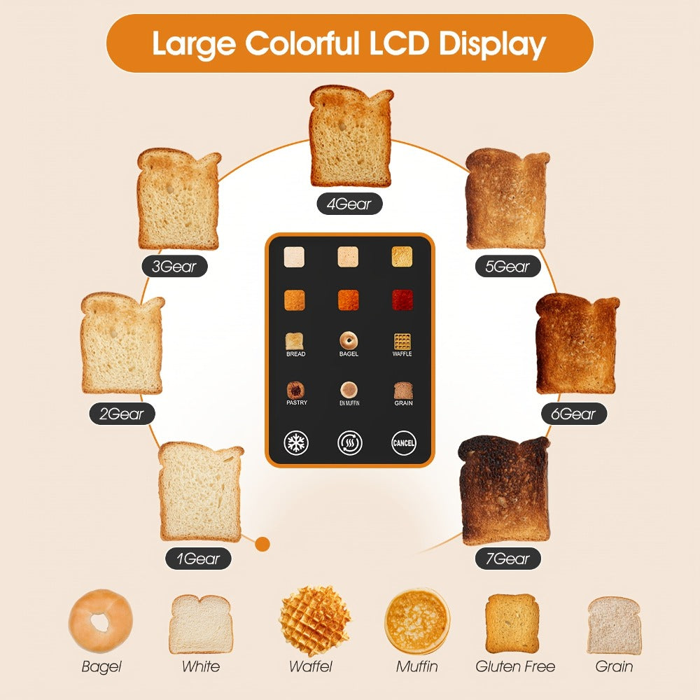 Smart Digital Toaster 2 Slice with Touch Screen LCD Display, 6 Bread Types & 6 Shade Settings, Extra Wide Slots, Stainless Steel – Bagel, Cancel & Defrost Functions for Modern Kitchen