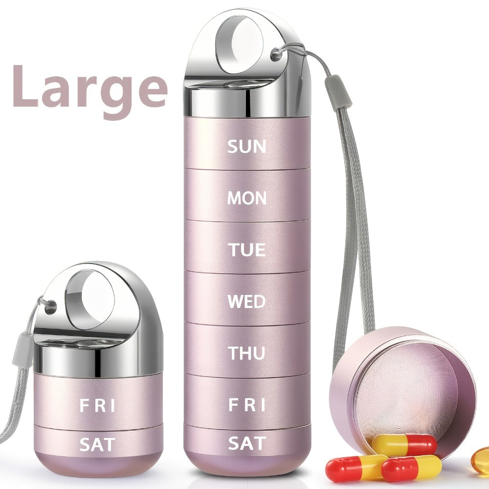Weekly Pill Organizer Waterproof, Large Aluminum Alloy 7-Day Pill Box for Medications Vitamins Supplements, Portable Travel Pill Case, Blue Black Pink Gray Purple