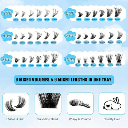 Lash Clusters Kit 720Pcs Individual Eyelash Extensions 30D 50D 80D 100D C Curl Wispy Cluster Lashes with Bond Glue & Tweezers – Complete DIY Lash Extension Kit for Beginners, Natural to Dramatic Eye Look