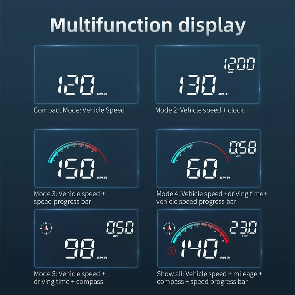 Digital Head Up Display, Windshield Speedometer Projector with Compass, Overspeed Alarm, Mileage Per Trip, Auto Brightness, Compass Direction, HUD Speed Meter Gadgets for Car for All Vehicles, USB Cable Plug & Play