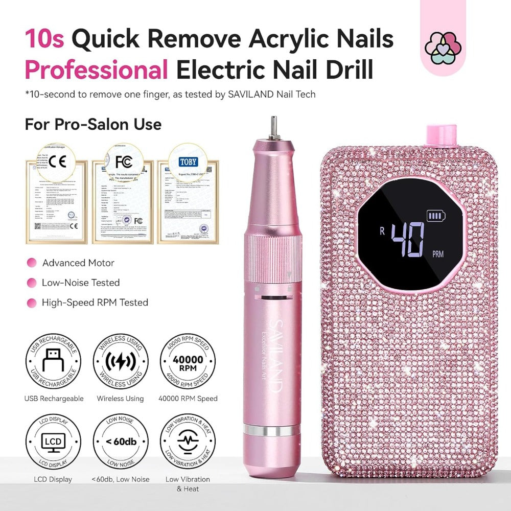 Electric Nail Drill 40000 RPM Rechargeable Professional Nail Drill Machine 4000mAh Battery LCD Display Ceramic Bits Sanding Bands for Acrylic Gel Nails Salon Home Use