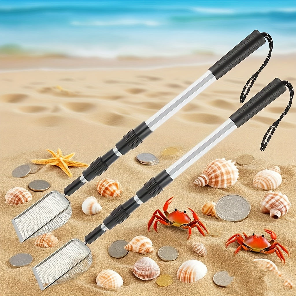 Beach Sand Sifter Scoop Telescopic Handle – Stainless Steel Retractable 3-Section Scoop for Treasure Hunting Shell Collecting Beach Combing Cat Litter Cleaning, 1pc or 2pcs