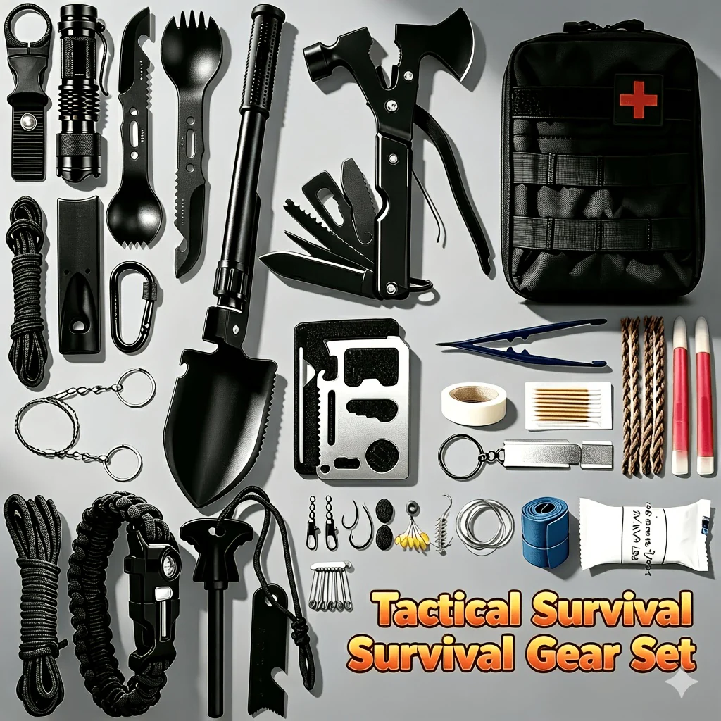 Tactical Survival Kit with Shovel Axe Fire Starter Compass Paracord Multi-Tool Bag for Camping Hiking Car Home Hurricane Earthquake Emergency Preparedness