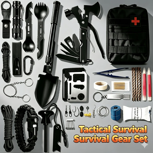 Tactical Survival Kit with Shovel Axe Fire Starter Compass Paracord Multi-Tool Bag for Camping Hiking Car Home Hurricane Earthquake Emergency Preparedness