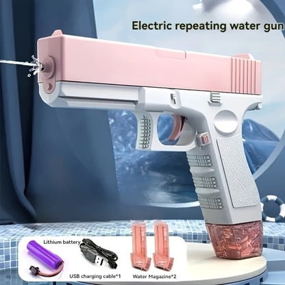 Dual Magazine Water Gun Electric Automatic Squirt Blaster with 2 Swappable High Capacity Tanks – Long Range Continuous Fire for Kids & Adults, Pink Blue Summer Pool Beach Backyard Party Toy, Birthday Gift Girls Boys