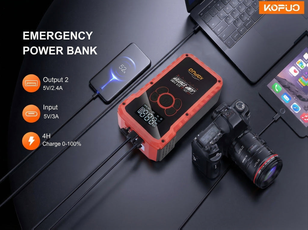 KOPUO 20000A Peak 12V Jump Box, Optional 6000A Jump Starter, Heavy Duty Car Jump Starter And Air Compressor, 150PSI Cordless Tire Inflator with Digital Gauge, All-in-One for 2.64gal Gas/2.11gal Diesel Vehicle, 3-Mode LED Light Camping Emergency