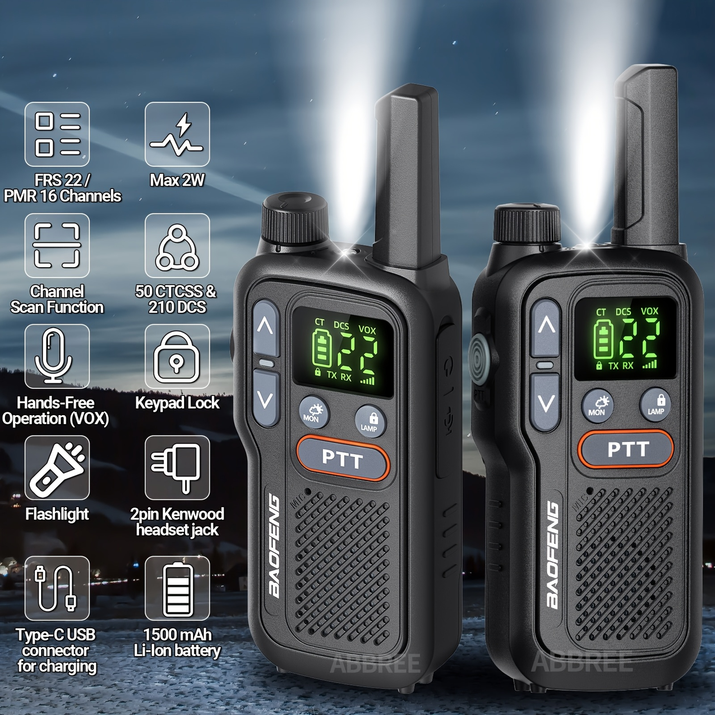 FRS Two Way Radio Rechargeable, BAOFENG BF-T18 Walkie Talkies Long Range with NOAA Weather Alert, VOX Hands-Free, 1500mAh USB-C Battery, LED Flashlight, for Hiking Camping Outdoor Adults 2 Pack