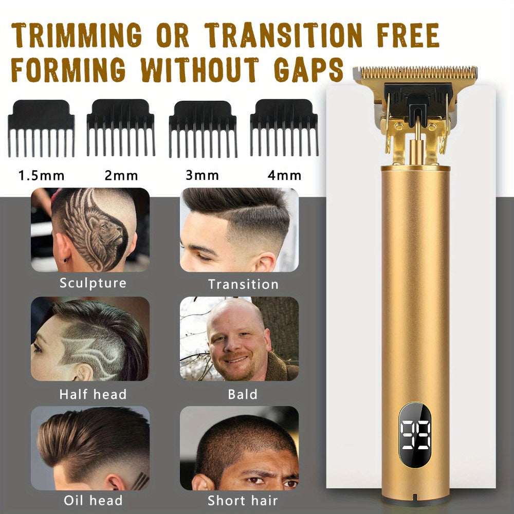 T-Blade Trimmer for Men Cordless Rechargeable - Nano Titanium Alloy Blades LED Display 4 Guide Combs 1.5-4mm - Pro Electric Hair Clipper for Hairline Fade Outline Beard Sculpting Black & Gold