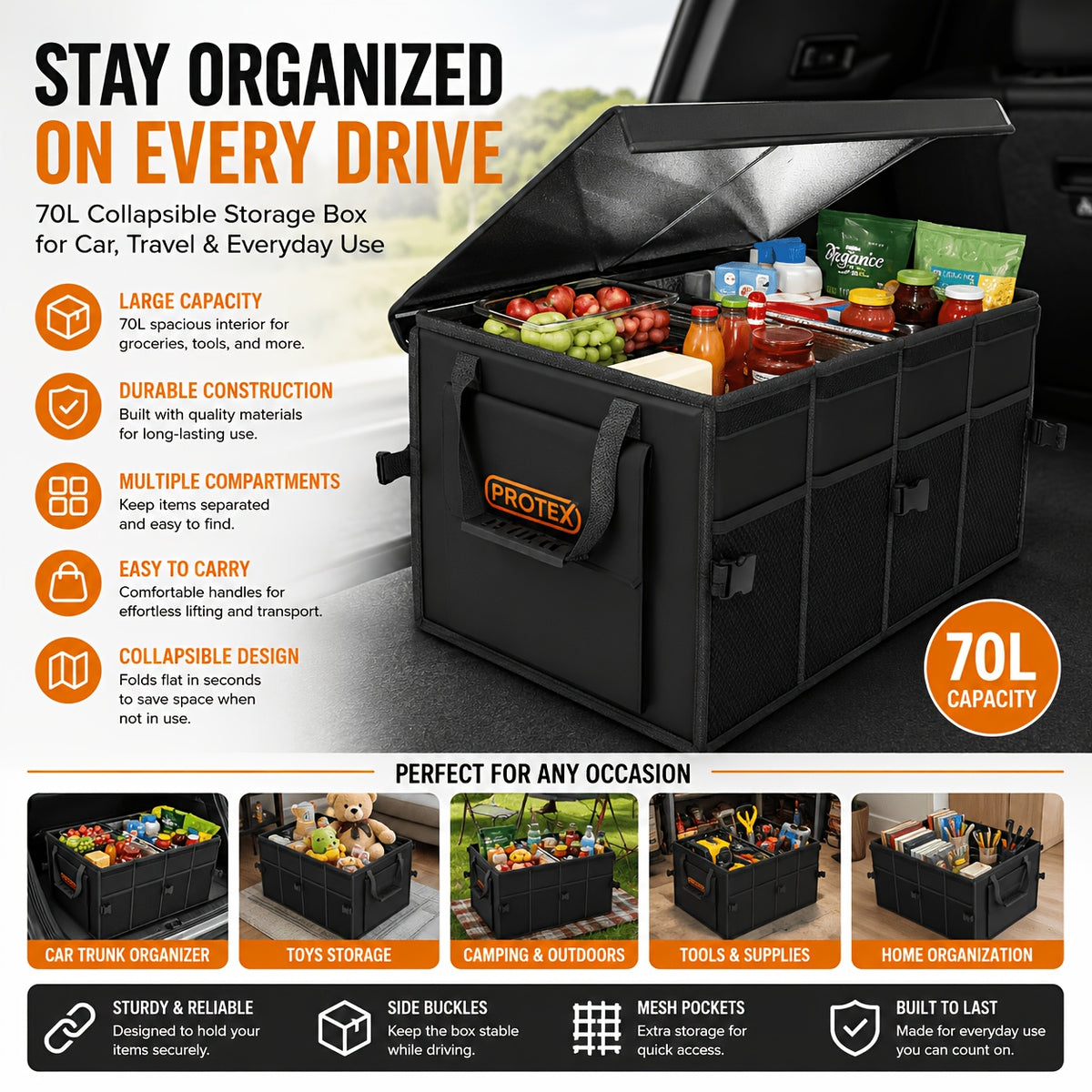PROTEX Multifunctional Car Trunk Ice Pack (70 Liters) - Foldable with Lid, Cold And Heat Insulation, Large Capacity Organizer - Black Gray