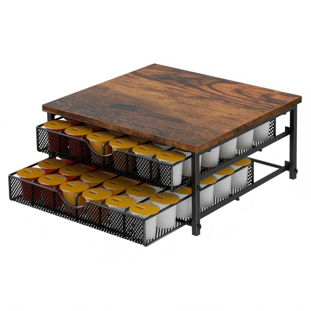 K-Cup Coffee Pod Holder 72 Capacity – 2-Tier Sliding Drawer Coffee Pod Organizer with Wood Top & Metal Frame, Non-Slip Base, Stackable Countertop Storage for Home, Office & Cafe – Silver