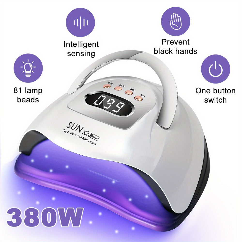 380W LED Nail Lamp Auto Sensor LCD Timer 4 Timing Modes 81 LED Beads Fast Gel Curing USB Powered One-Touch Button Low Heat Mode Home Salon Manicure Pedicure All Gel Polish