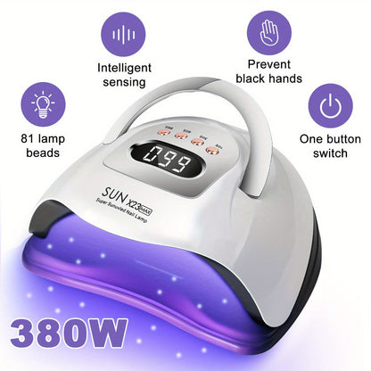 380W LED Nail Lamp Auto Sensor LCD Timer 4 Timing Modes 81 LED Beads Fast Gel Curing USB Powered One-Touch Button Low Heat Mode Home Salon Manicure Pedicure All Gel Polish