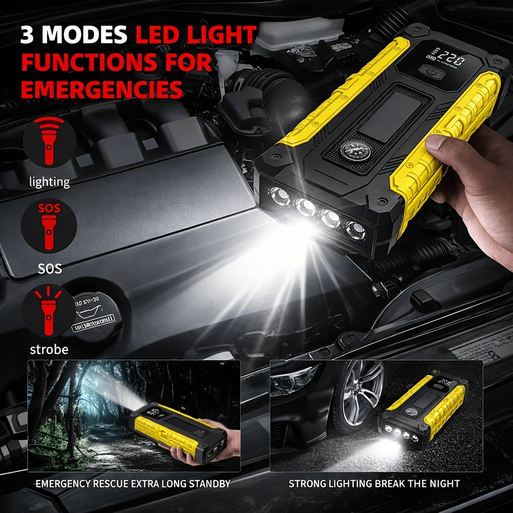 Portable Car Jump Starter with Tire Inflator – 3000A Peak 12V Battery Booster, USB Power Bank, LED Emergency Light, 5-in-1 & 9-in-1 Roadside Emergency Kit for Cars Trucks SUVs