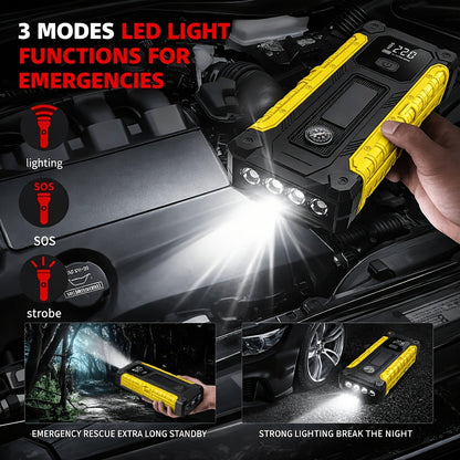 Portable Car Jump Starter with Tire Inflator – 3000A Peak 12V Battery Booster, USB Power Bank, LED Emergency Light, 5-in-1 & 9-in-1 Roadside Emergency Kit for Cars Trucks SUVs